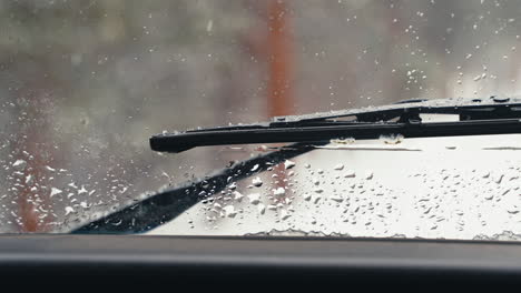 windshield wiper seen from inside land rover defender d90 off-roading through snowy pine tree forest woods