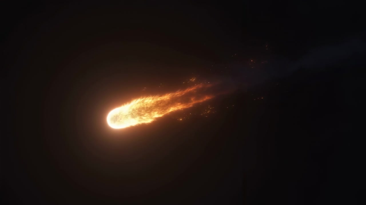 Fiery Meteor Streaking Across Dark Space With Blazing Trail Of Ember Sparks, Cinematic Impact And Intense