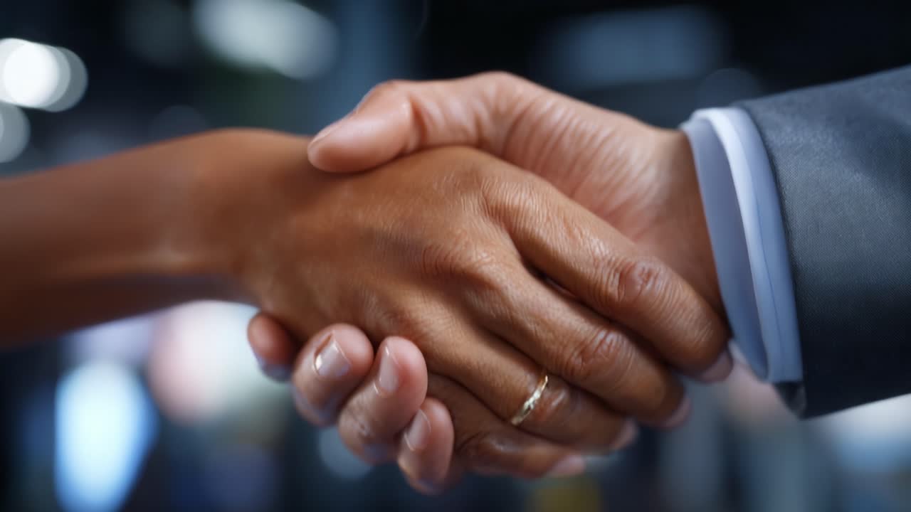 A Close-Up of Two Hands Engaged in a Firm Handshake, Signifying Agreement and Cooperation in a Professional Setting with Blurred Background