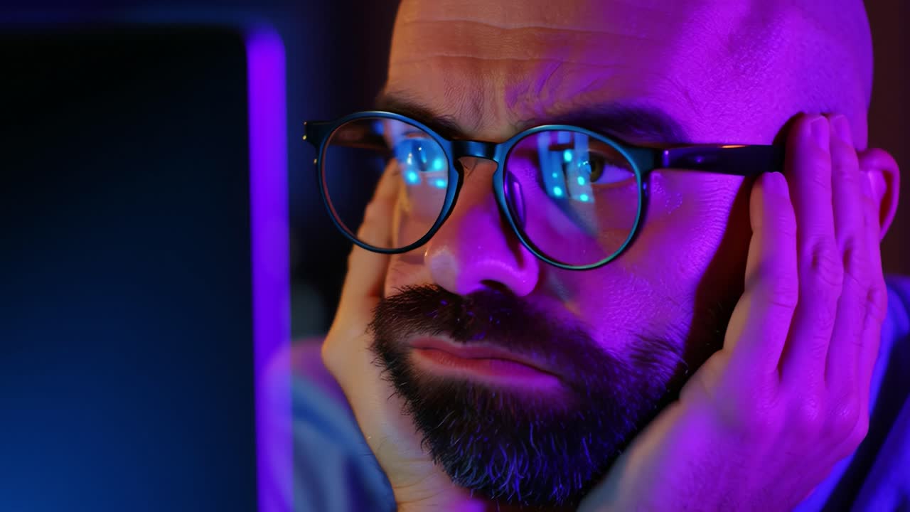 A focused individual reflects on a computer screen, showcasing a blend of emotions under vibrant purple lighting. The atmosphere suggests deep concentration or contemplation during a late-night session
