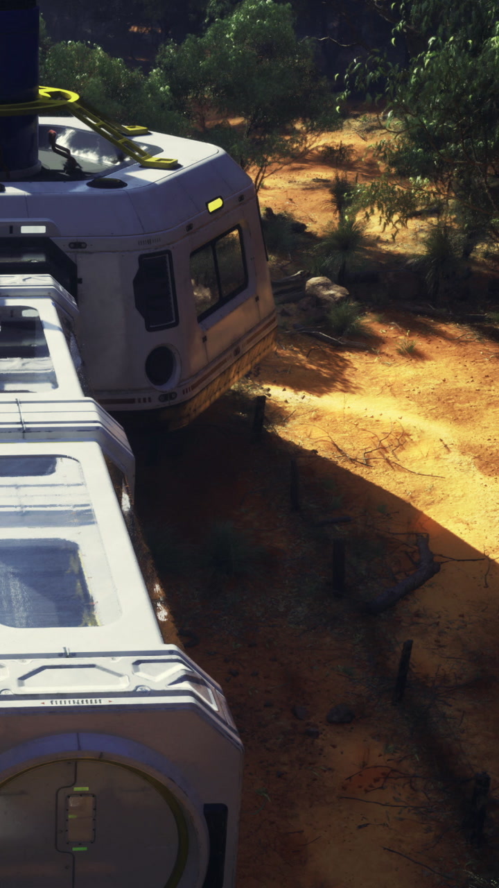 Spacecraft near sandy terrain in a remote area during bright daylight