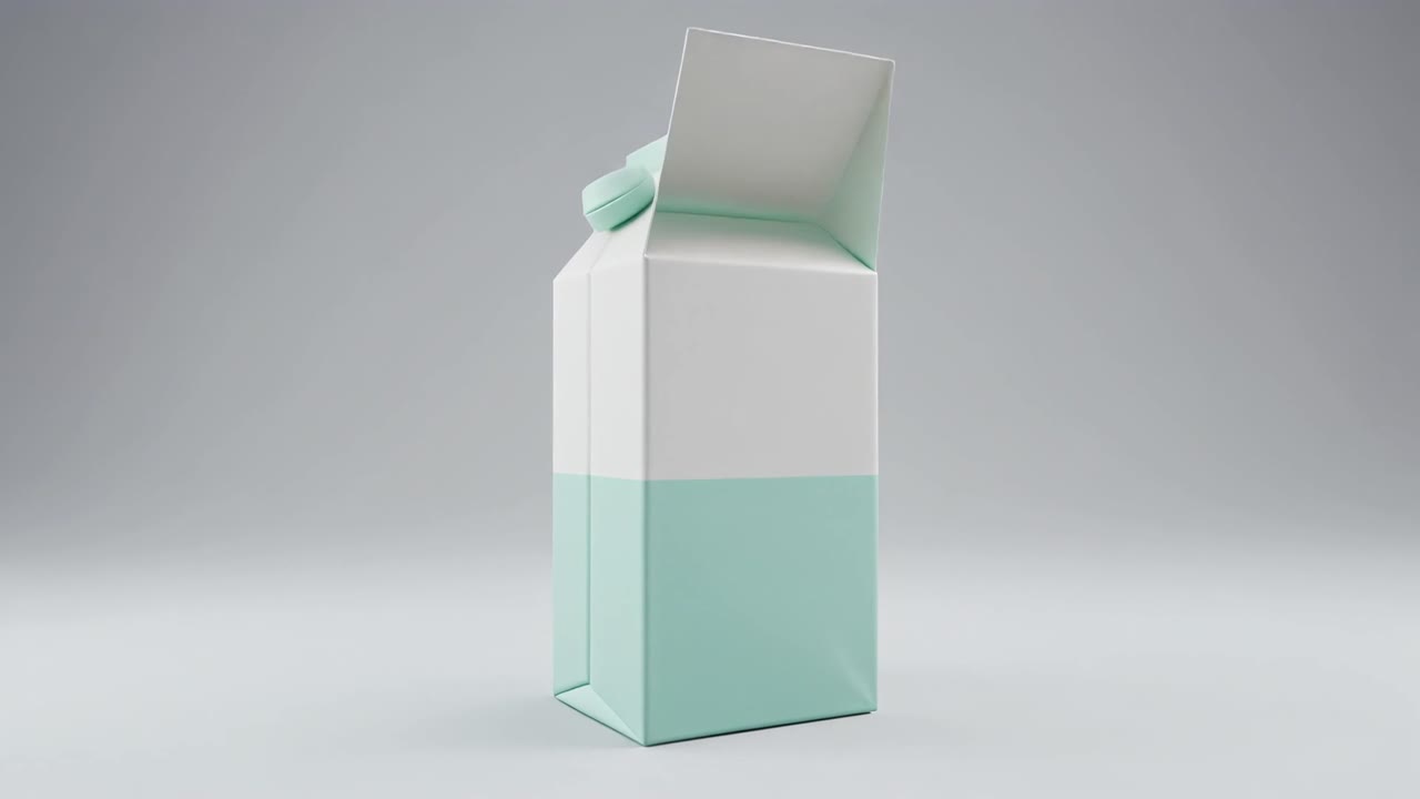 3D Render of Rotating Blank Milk Carton with Mint Green and White Design