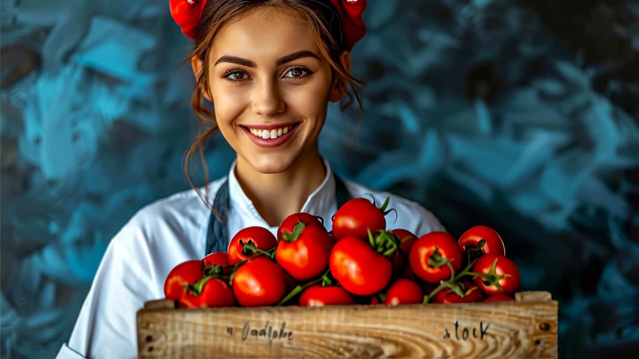 Kobieta z koszem pomidorów. Młoda kobieta uśmiecha się, trzymając kosz pełen świeżych, czerwonych pomidorów. Stoi na tle niebieskiego tła.