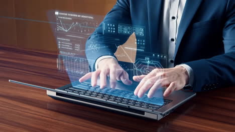 business professional interacting with futuristic holographic data interface on laptop