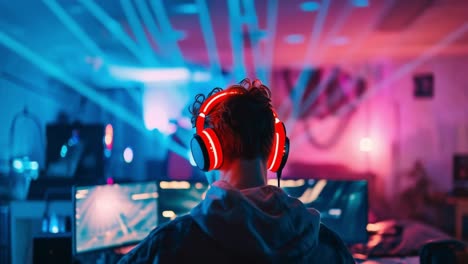 professional gamer wearing red headphones, concentrating intently while playing video game, sitting in dimly lit room with pulsing led lighting creating immersive gaming environment