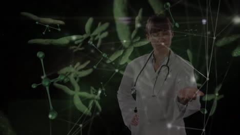 animation of blood vessels floating over caucasian female doctor holding invisible object