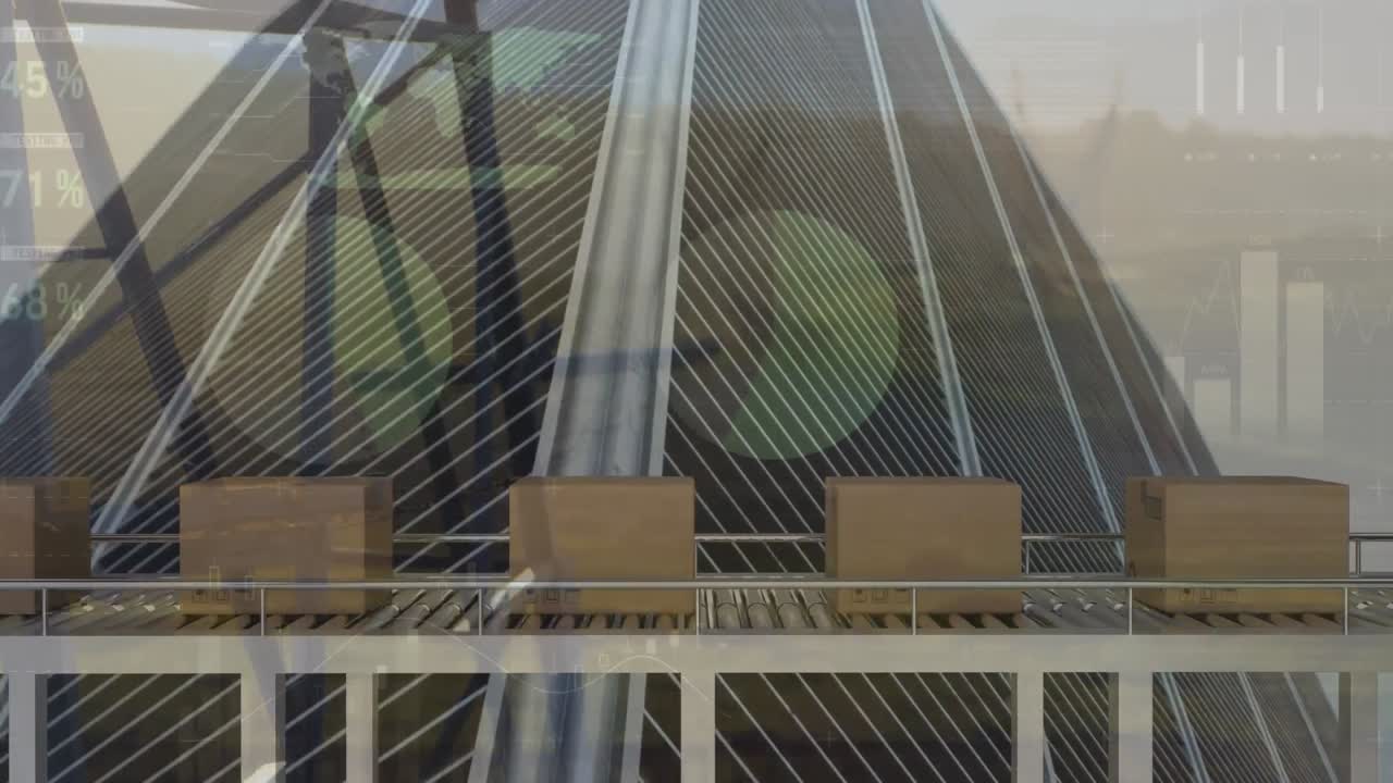 컨베이어 벨트와 도시 풍경에 있는 카드보드 상자 위의 통계 처리의 애니메이션