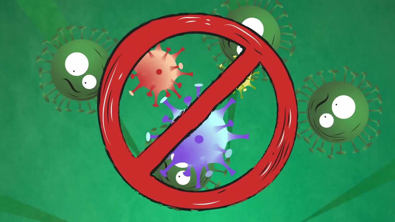 녹색 배경 위에 떠다니는 녹색 바이러스 세포의 애니메이션