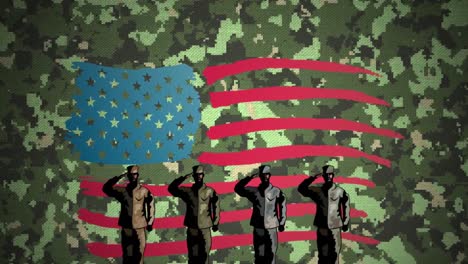 four figures of soldiers saluting over american flag against camouflage background