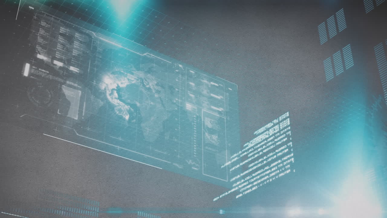 회색 배경에 녹색 빛 점 위에 데이터 처리를 가진 애니메이션 인터페이스