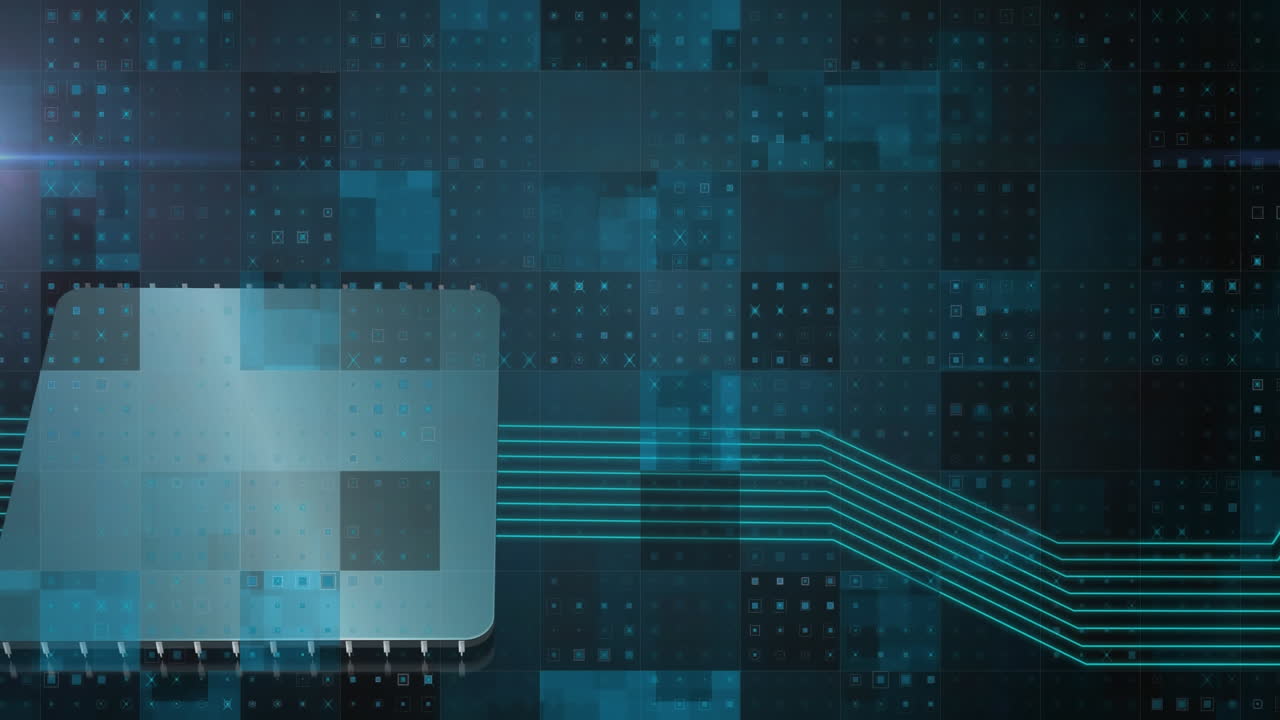 Digital animation of green light trails against mosaic squares on blue background