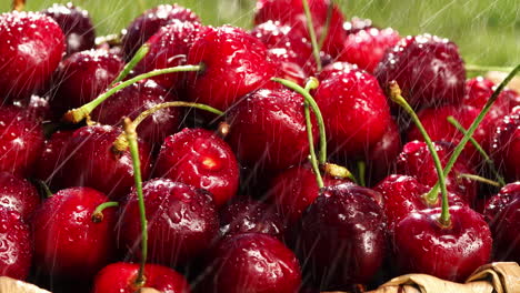 las cerezas frescas, maduras y jugosas giran en el sentido de las agujas del reloj.