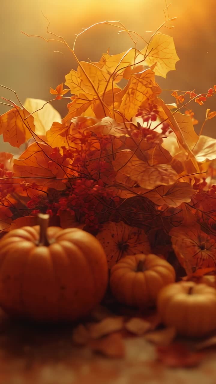 Vertical video: Panning camera upward across rustic tabletop, showing pumpkins, berries and leaves
