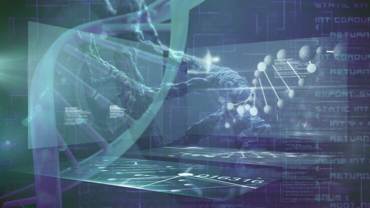 Animation of diverse data over dna chain on and screens on navy background