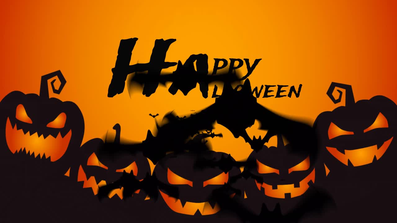 오렌지색 배경에 있는 잭 오 랜턴 위에 할로윈 인사와 박 ⁇ 의 애니메이션