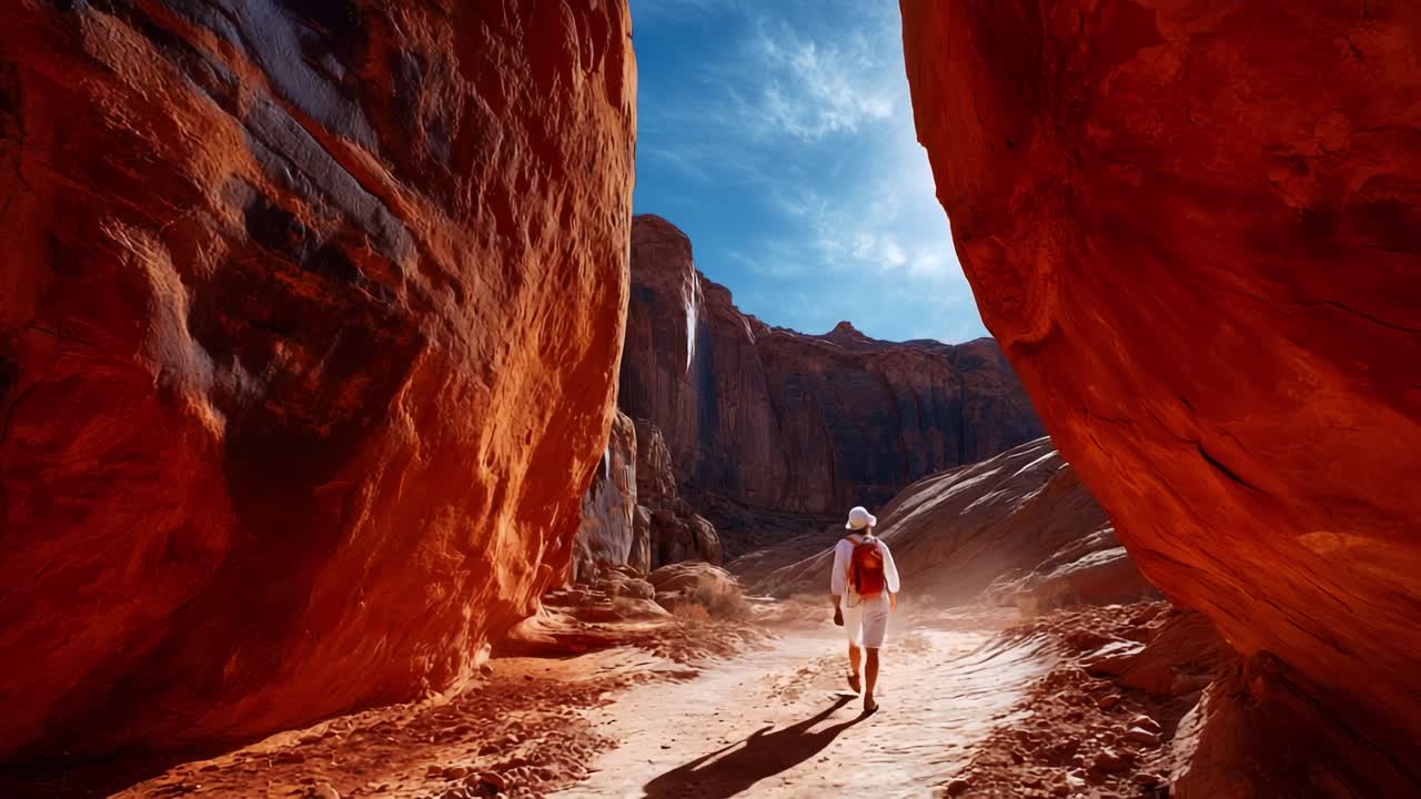 A solitary adventurer traverses a breathtaking canyon, surrounded by towering red rock formations and a clear blue sky, capturing the essence of exploration and nature's grandeur