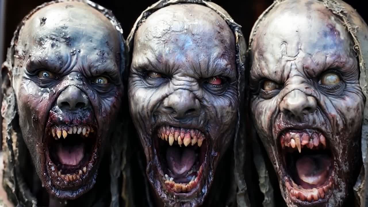 tres cabezas de zombies con colmillos y colmillos en sus caras