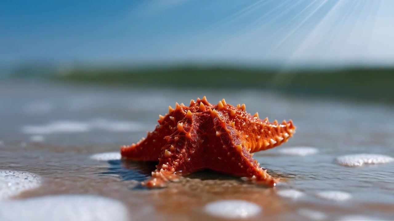 A Beautiful Close-Up of a Vibrant Red Starfish on the Shore, as Ocean Waves Gently Roll In, Capturing the Splendor of Marine Life and Coastal Relaxation