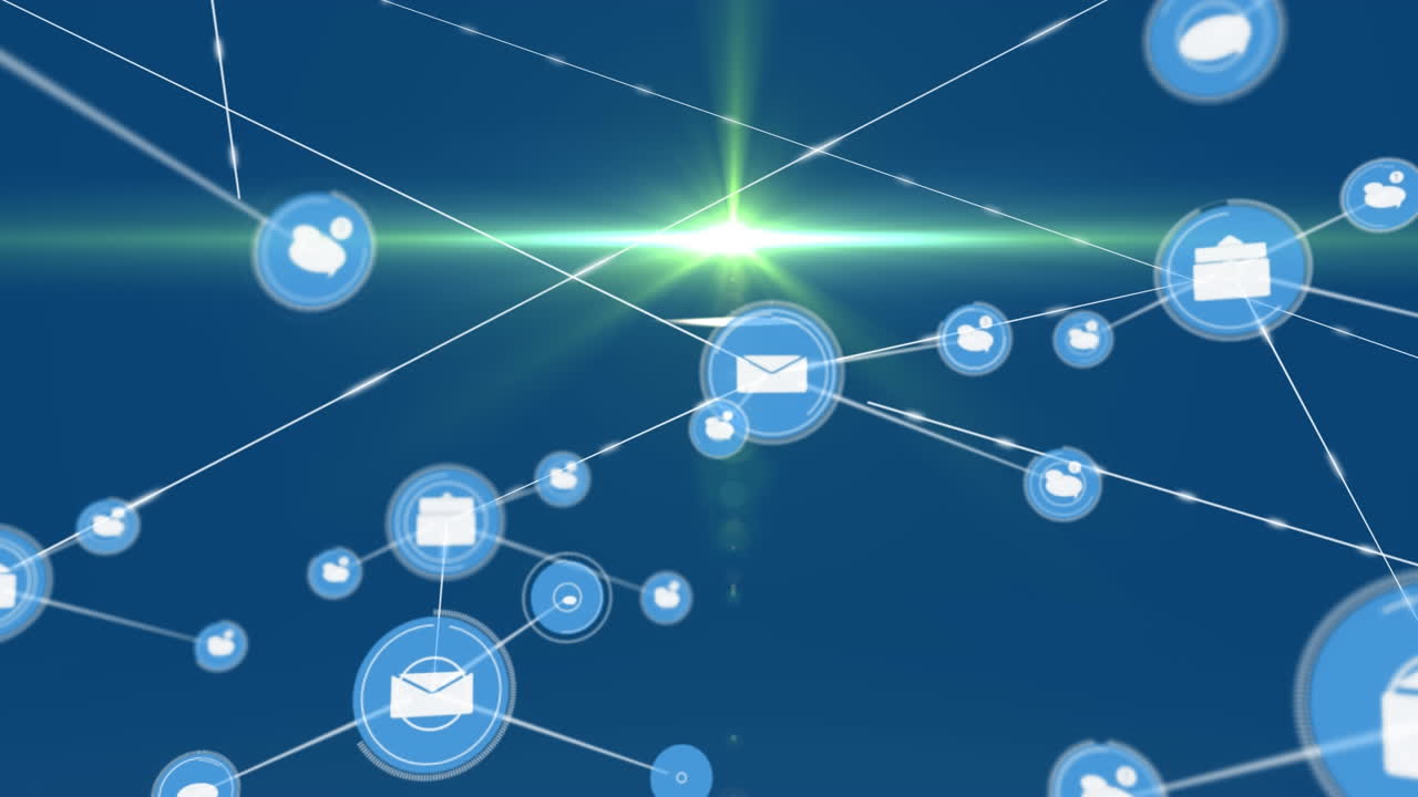 Animation of network of connections with icons over blue background