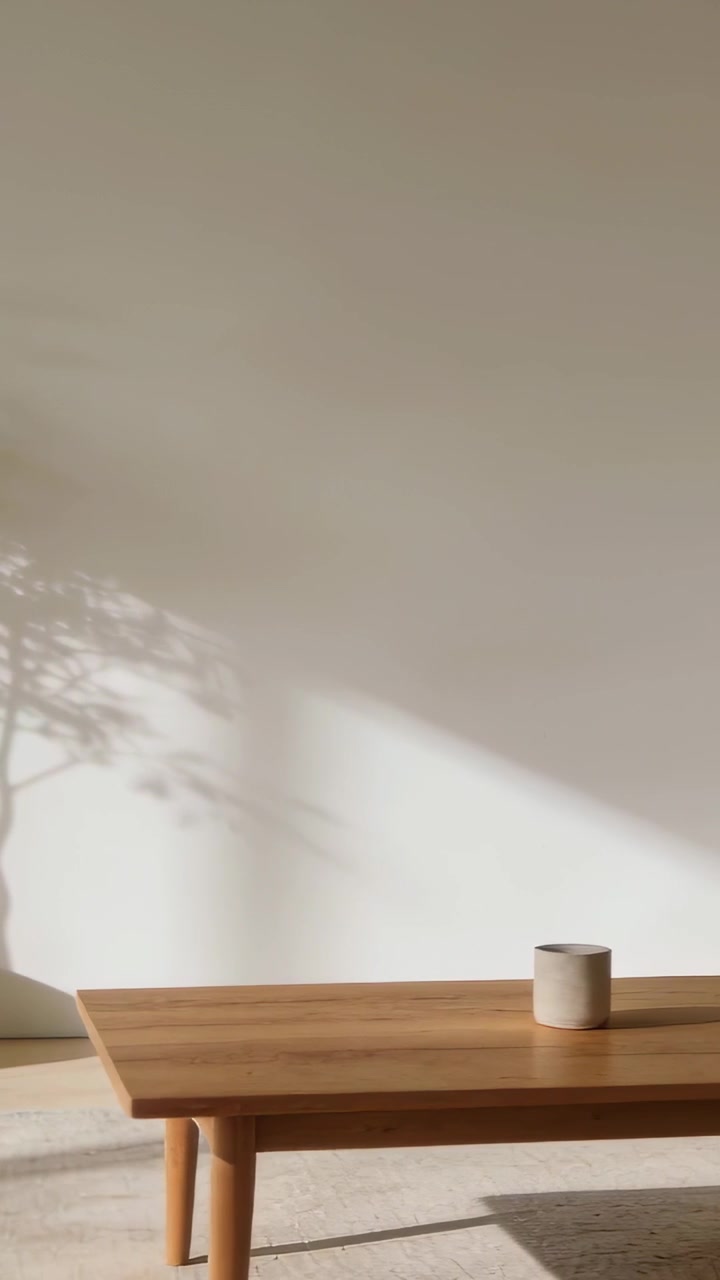 Video verticale: Panoramica di una pianta a casa, mostrando luce e ombra sul muro, una tazza su una panca, spazio per il testo.