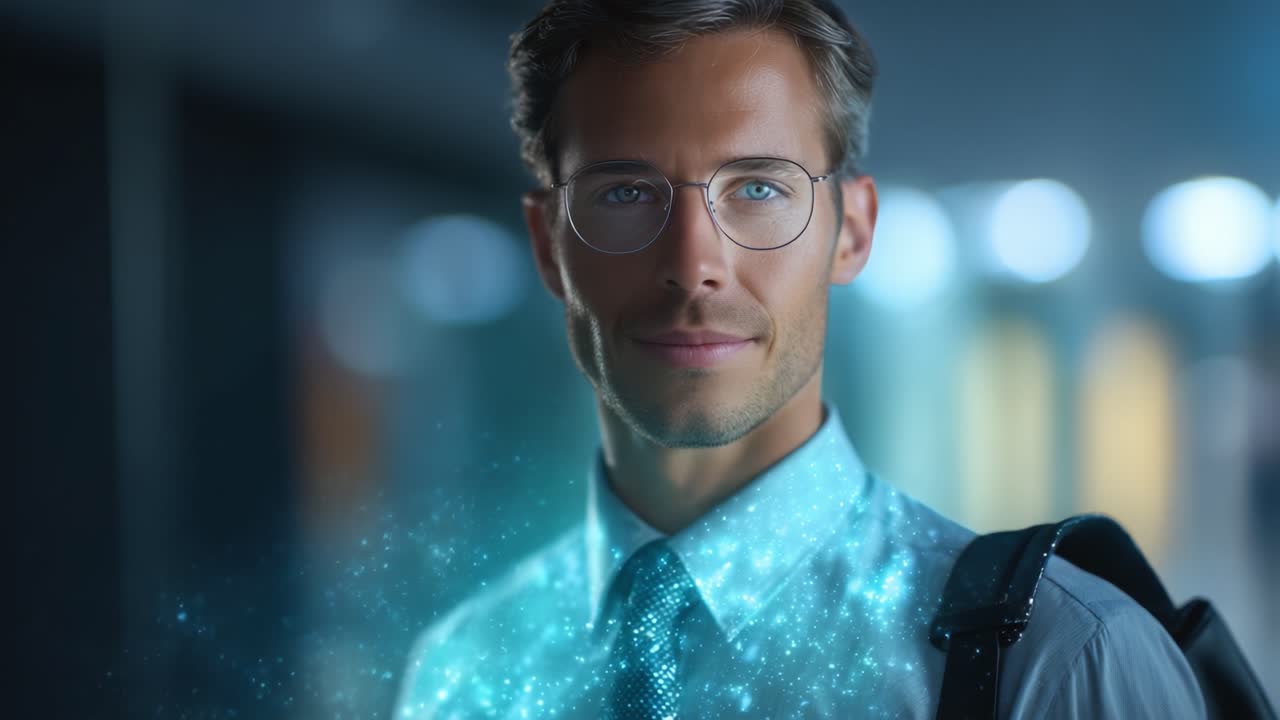 Empresario seguro de sí mismo con gafas, que irradia profesionalidad y accesibilidad, cautivado por los efectos digitales abstractos en un entorno de oficina moderno