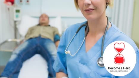 Animation-of-donate-blood-day-text-with-blood-hourglass-logo,-over-smiling-female-nurse-and-donor