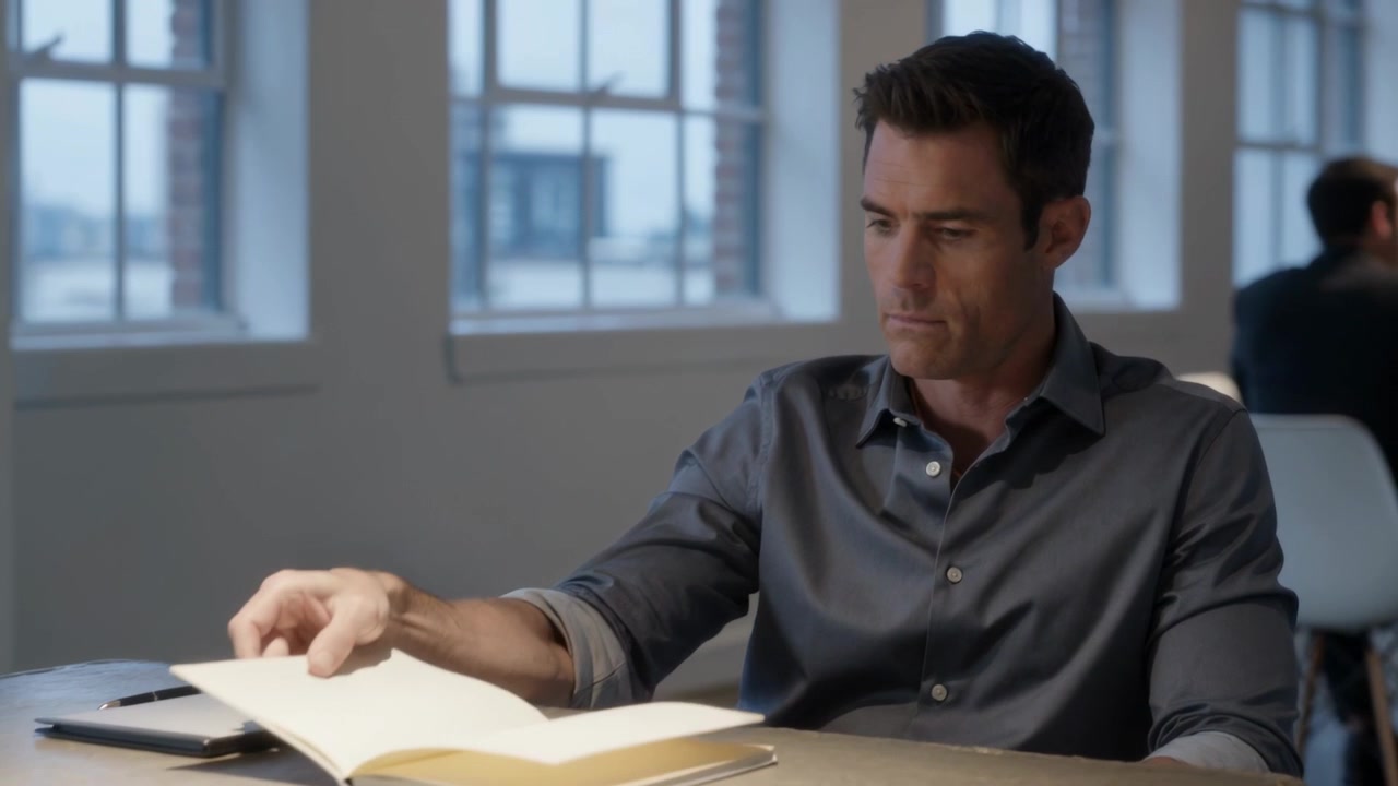 Resting hand on notebook, man in button-down opening, flipping pages in loft, reviewing with tablet