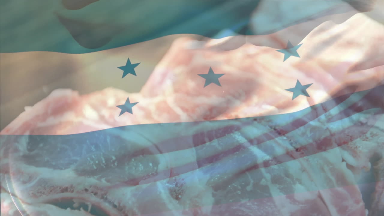 Overlaying Honduran flag on raw meat, creating animation with culinary theme