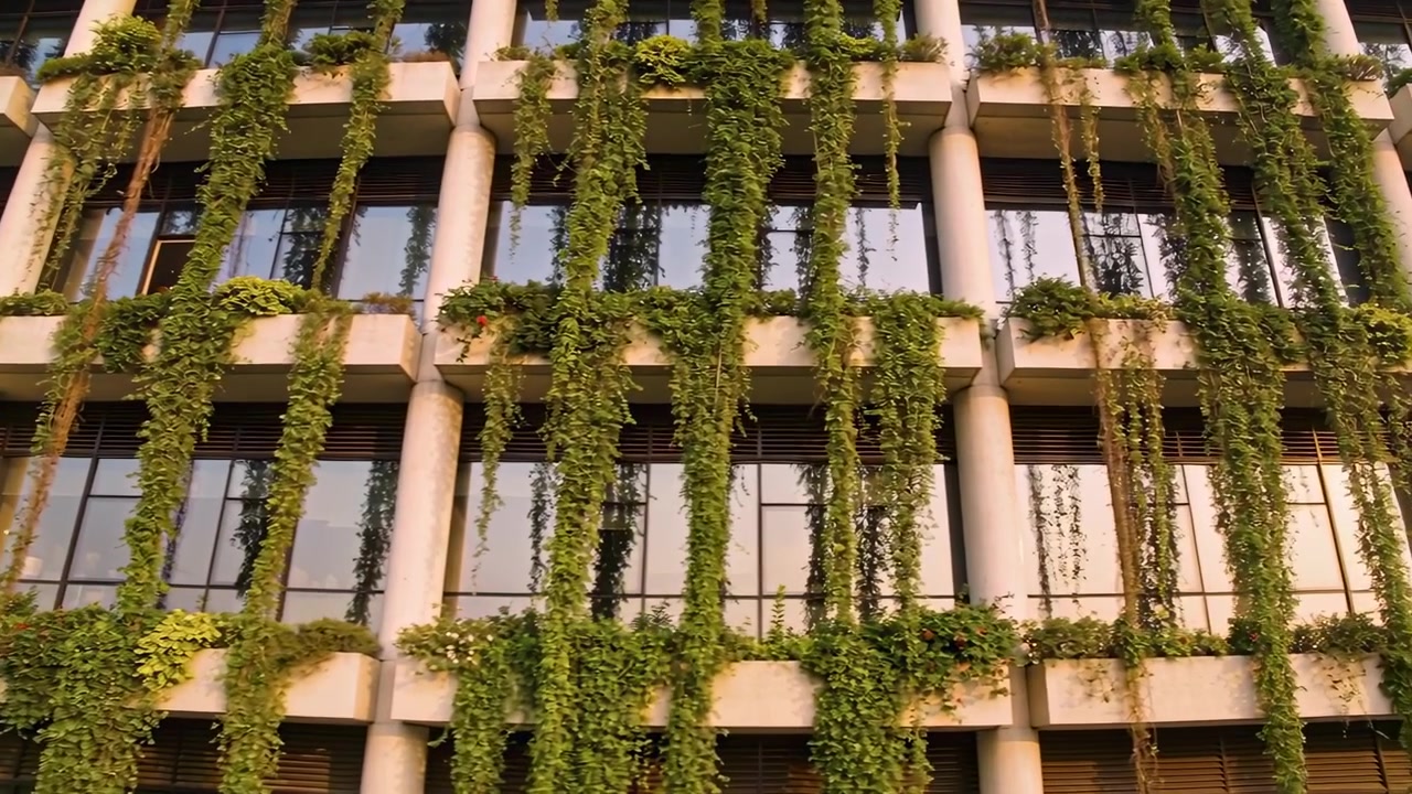 Câmera panorâmica revelando a fachada de um edifício na rua, expondo trepadeiras e vasos de plantas para mostrar as janelas inferiores.