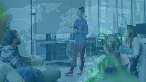 animation of world map and data processing over diverse business people in office