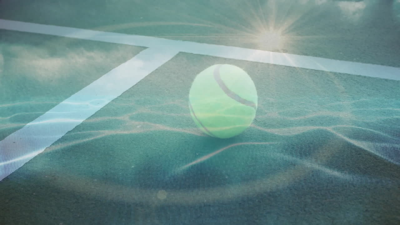 Yellow-green tennis ball resting on blue-green court while sunlight casting lens flare, flat design