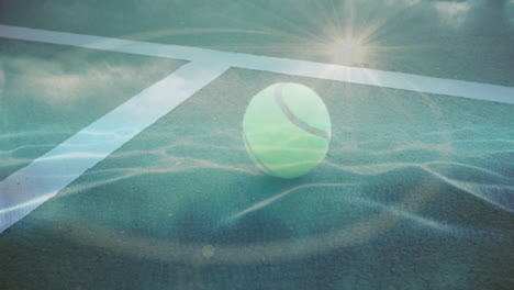 yellow-green tennis ball resting on blue-green court while sunlight casting lens flare, flat design