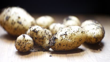 patatas orgánicas de cosecha propia foco superficial cubierto de tierra en la superficie de la cocina de madera dolly izquierdo