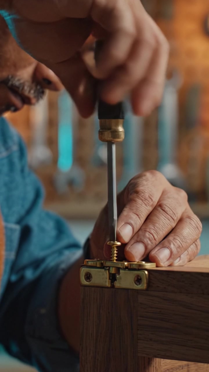 Un artigiano esperto ripara meticolosamente mobili usando un cacciavite, mettendo in mostra abilità tradizionali nella lavorazione del legno e attenzione ai dettagli in un laboratorio ben attrezzato.