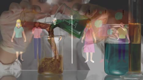 animación de personas con máscaras faciales sobre vasos de medición