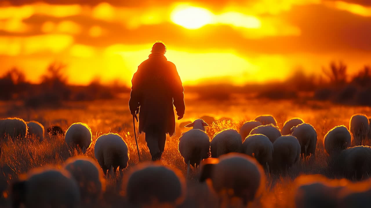 Shepherd guides sheep across an open field during sunset with a warm glow in the sky