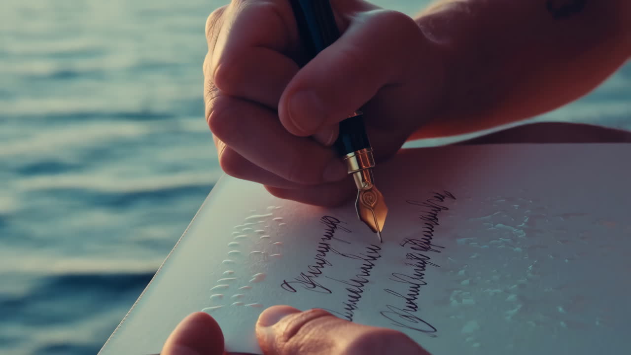Close-up of hands writing with a fountain pen on paper by the water