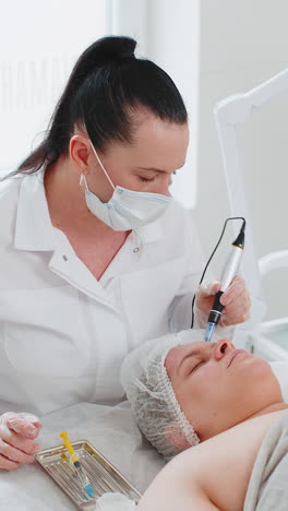 cosmetólogo haciendo el procedimiento de peeling mujer regeneración de la piel dermapen microneedling dermastamp