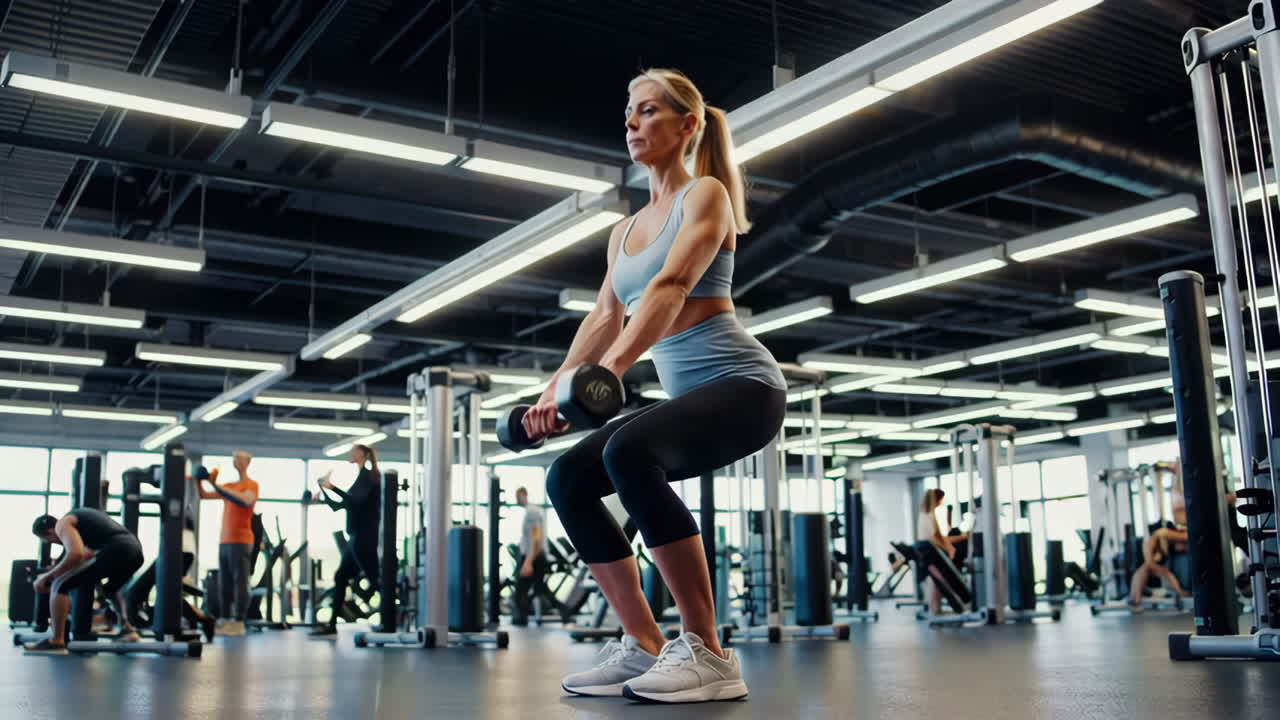 Donna che esegue esercizi con manubri in una palestra moderna
