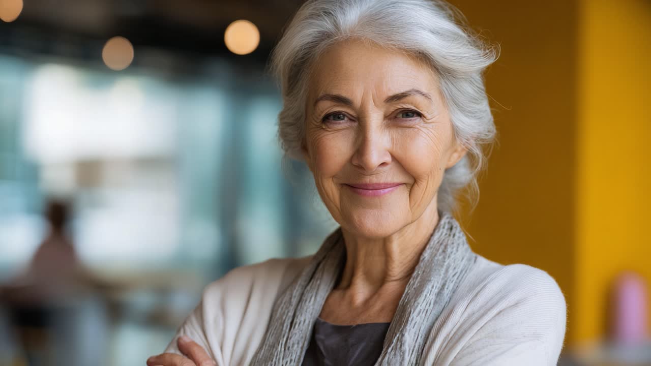 Uma mulher idosa confiante com cabelo grisalho sorrindo calorosamente em pé contra um plano de fundo amarelo brilhante em um ambiente interno moderno.