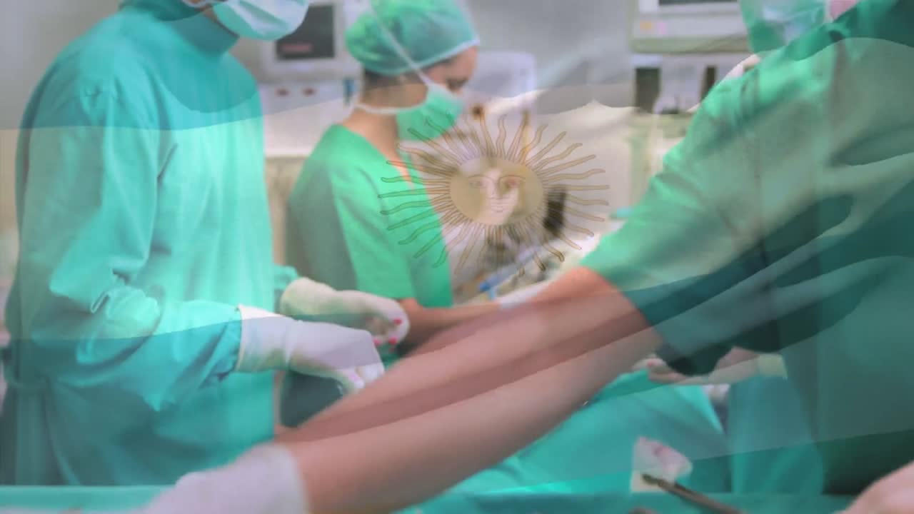 얼굴 마스크를 쓴 백인 외과 의사 위에 아르헨티나 발의 애니메이션