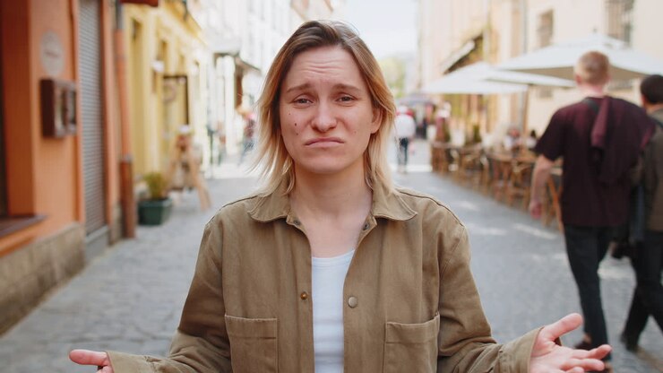 Dispiaciuta, insoddisfatta, sconvolta, donna che reagisce a un'idea spiacevole, orribile, respinge la proposta.