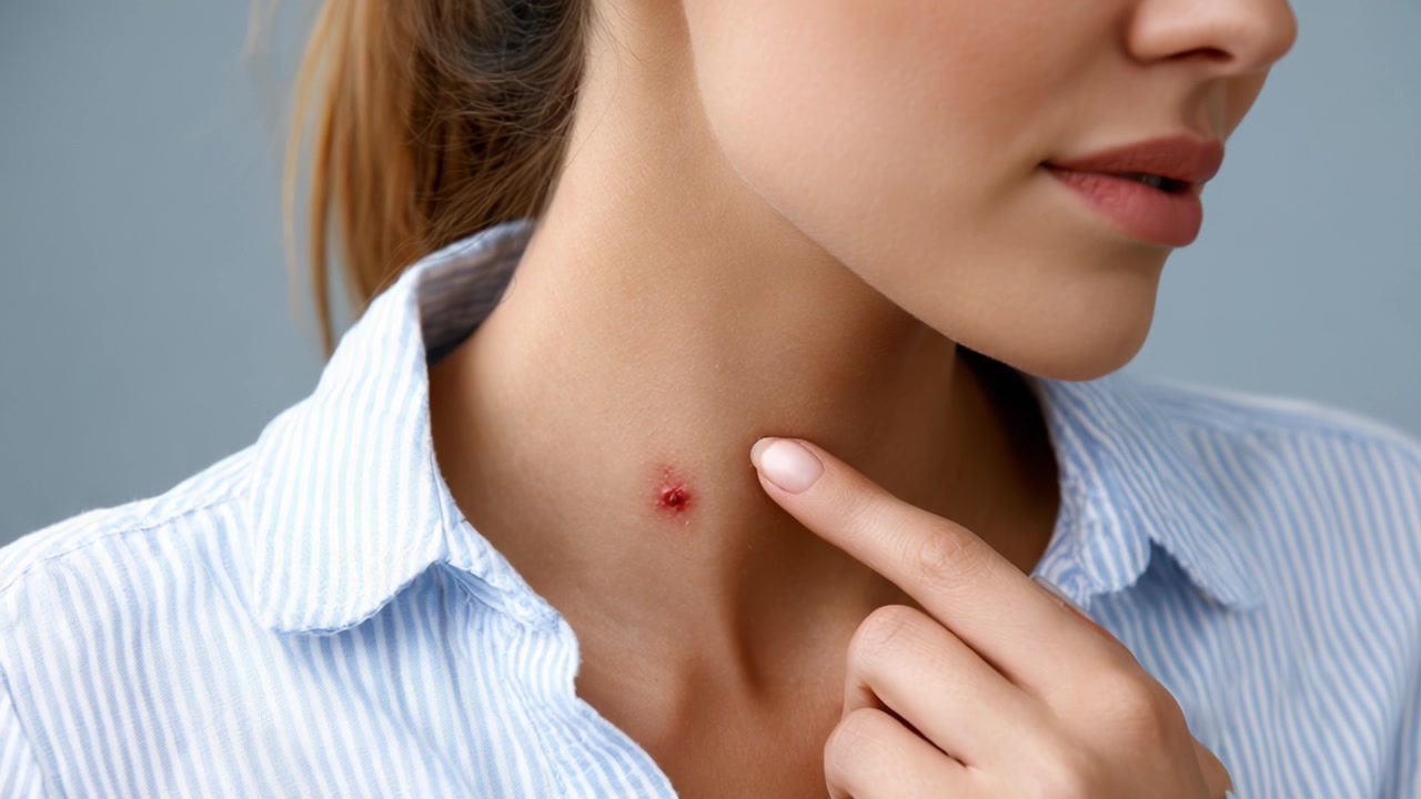 Esplorando la Salute della Pelle: Uno Sguardo Ravvicinato a una Piccola Imperfezione Cutanea sul Collo di una Giovane Donna, Sottolineando l'Importanza della Cura Personale e della Consapevolezza