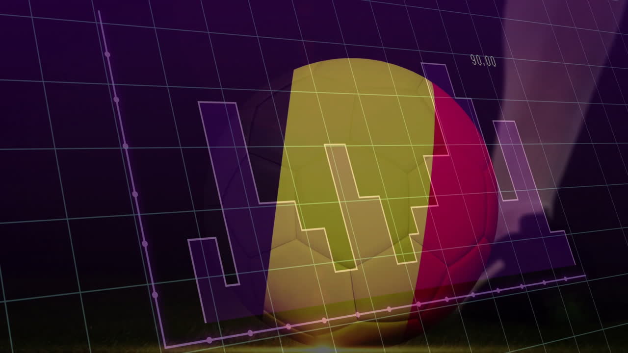 Animation of financial graph overlay on colorful soccer ball showing data analysis