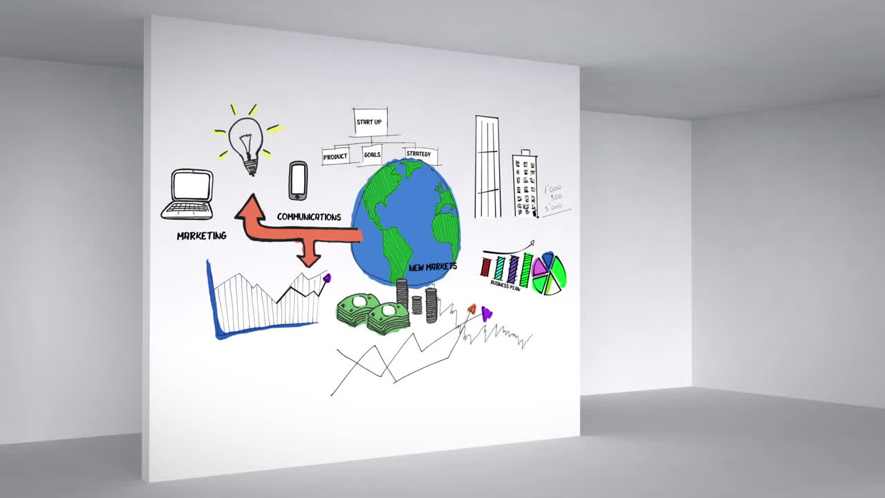 animación de colores que muestra el plan de negocios en una habitación 3d