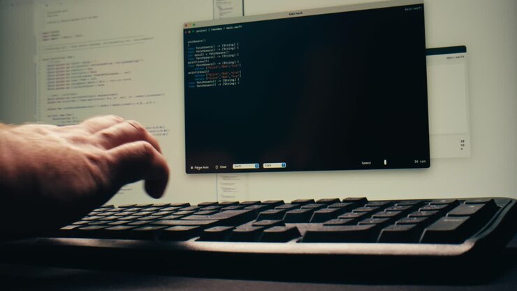 Developer Typing Code on Keyboard with Programming Interface on Screen
