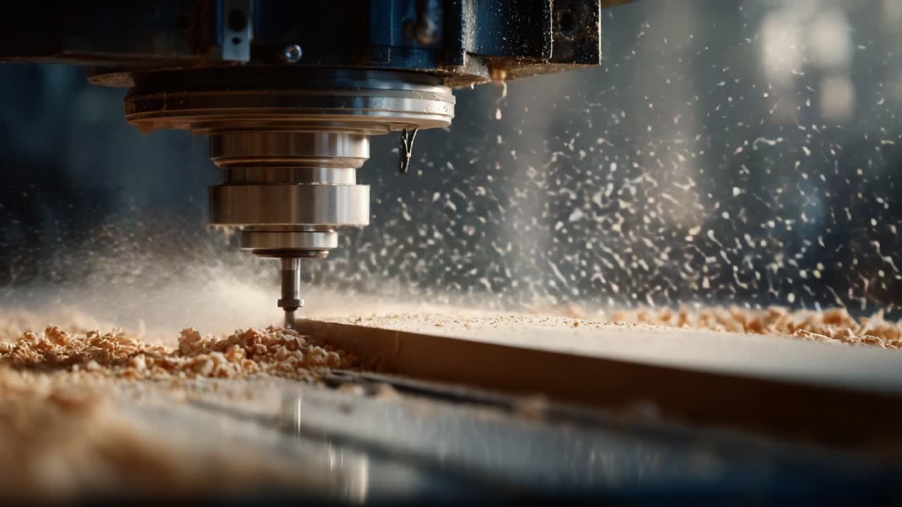 Precision Woodworking Process: High-Tech CNC Milling Machine Shaping Lumber with Powerful Cutting Action, Creating Beautiful Dust and Shavings in a Workshop Environment