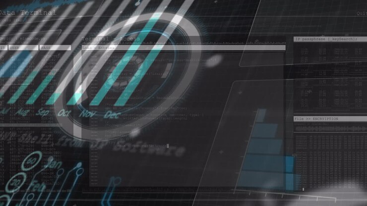 Animation of scope scanning and data processing over black background