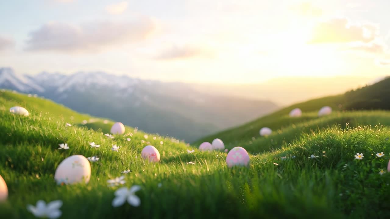 A serene landscape video with a low-angle view of rolling grassy hills dotted with pastel Easter