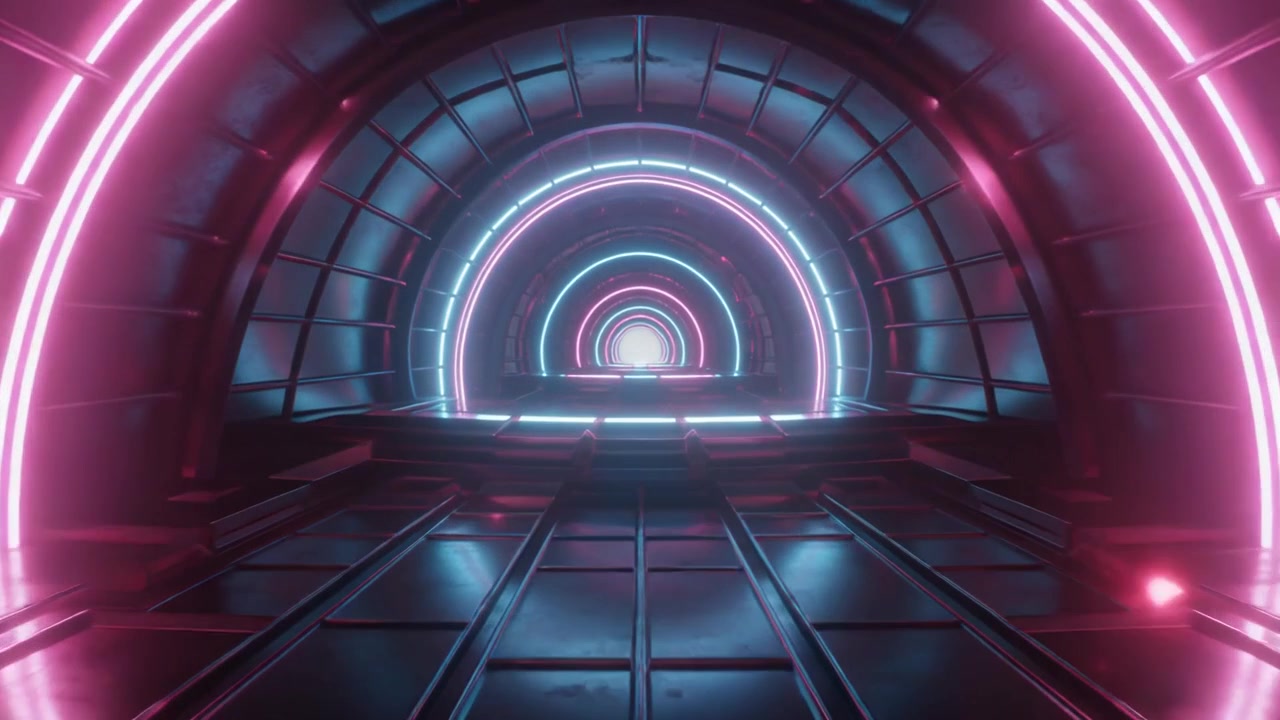 Tunnel Fantascientifico Futuristico con Luci Neon Rosa e Blu Luminose